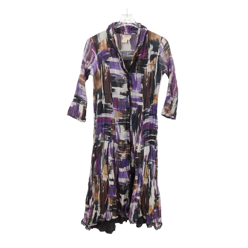 Dick and Jayne Los Angeles Purple Abstract Crinkle Silk Blend Duster Cardigan M